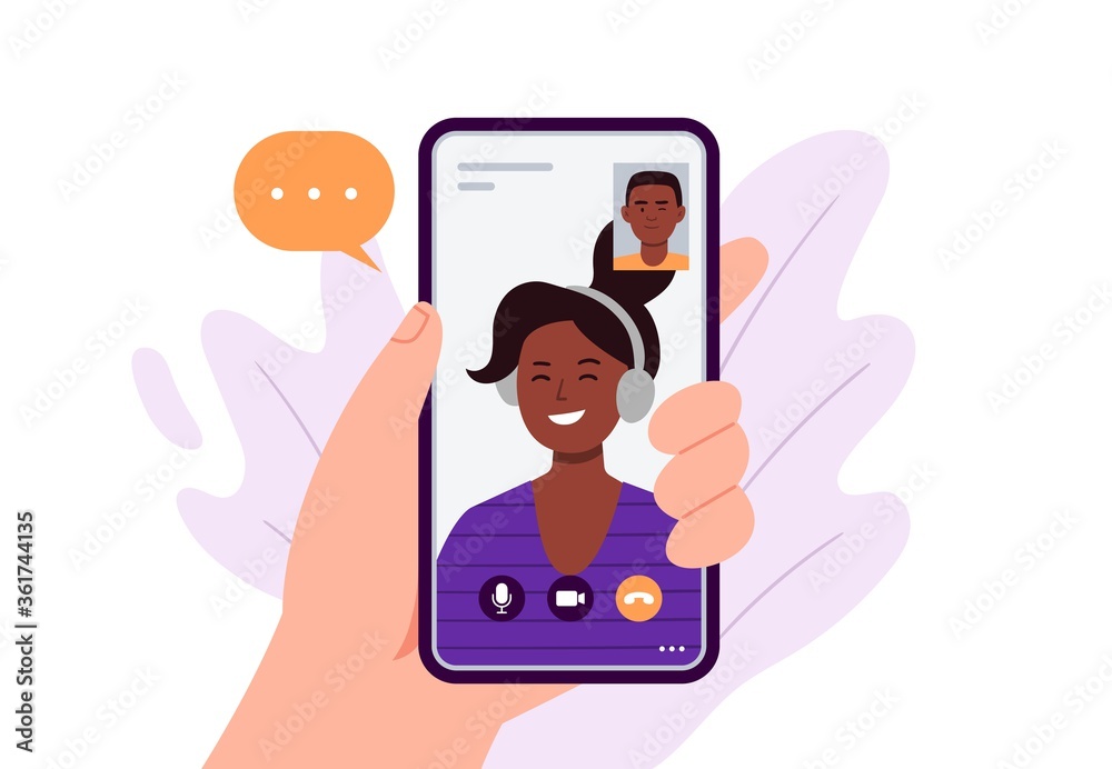 A hand holds a smartphone with a video call. A young woman speaks with the man. Video conference concept for banners, websites, infographics. Trendy flat vector illustration.