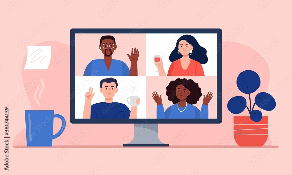 Video conference with friends at home. Stream, web chatting, online party, or online meeting concepts. Workplace, quarantine isolation. Trendy flat vector illustration. Video conference with friends at home. Stream, web chatting, online party, or online meeting concepts. Workplace, quarantine isolation. Trendy flat vector illustration.