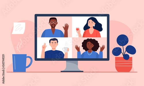 Video conference with friends at home. Stream, web chatting, online party, or online meeting concepts. Workplace, quarantine isolation. Trendy flat vector illustration.