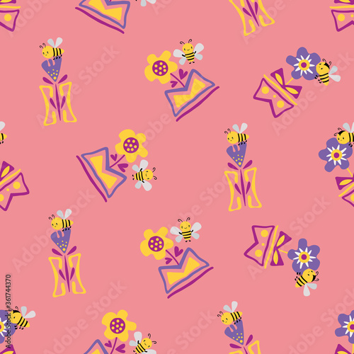 Kawaii honey bee with daffodils and forget-me-not flowers in in aztec motif vase. Seamless vector pattern background. Cute bugs and floral backdrop. Fun pink all over print for children products