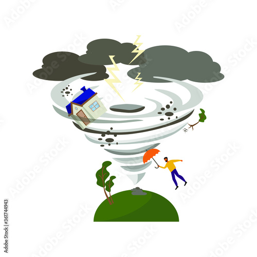 tornado lifts a house into the sky, a man with an umbrella, a tree. Natural disaster concept for insurance companies. A huge whirlwind, thunderstorm, clouds. Vector stock illustration isolated white
