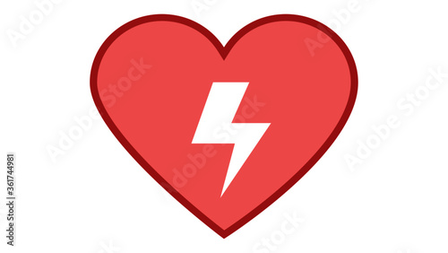 Red automated external defibrillator / aed sign with heart and electricity symbol flat vector icon