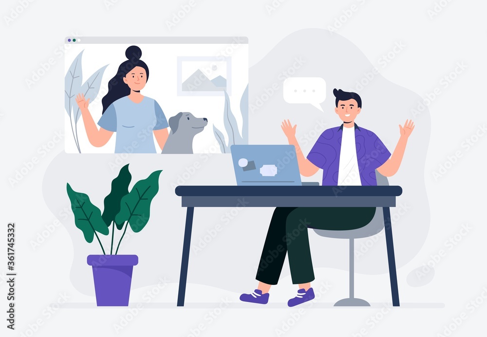A man meeting online with a woman in the video chat. Video calling with a friend or colleague. Freelance, work from home, and video calls from anywhere. Trendy flat vector illustration.