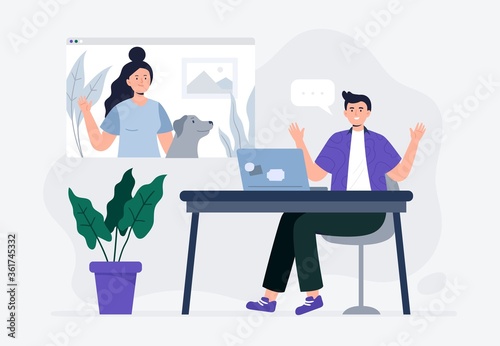 A man meeting online with a woman in the video chat. Video calling with a friend or colleague. Freelance, work from home, and video calls from anywhere. Trendy flat vector illustration.