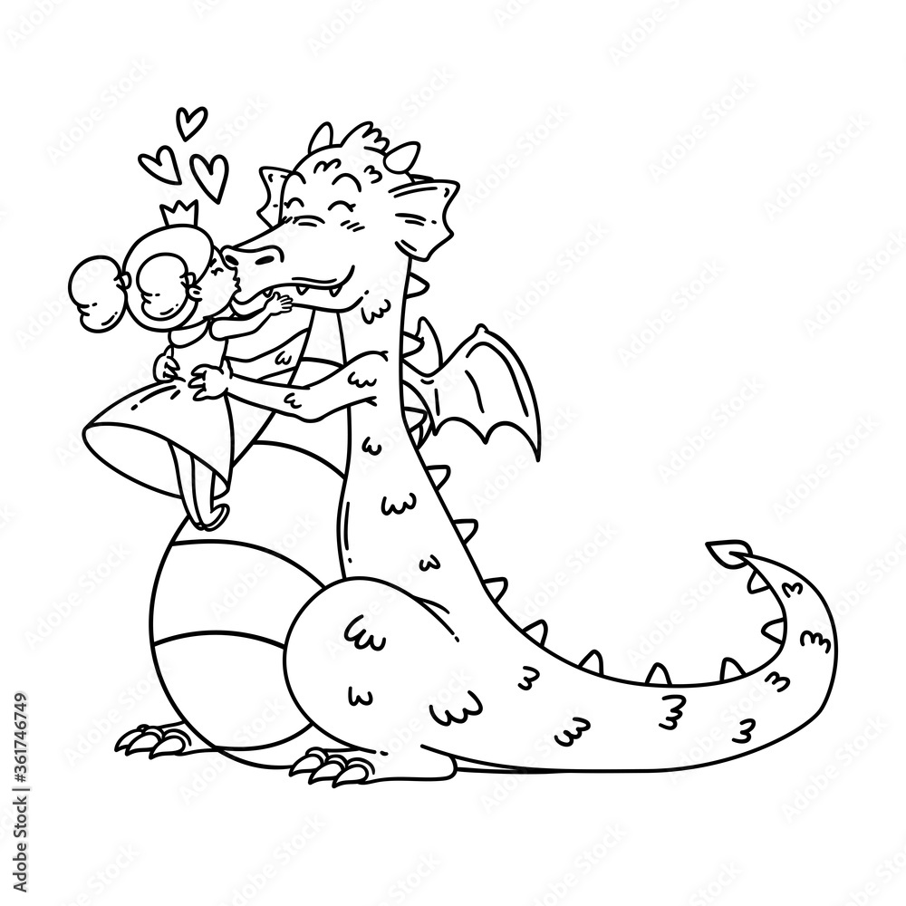 Little princess kisses a dragon in the nose. Fairy tale children illustration. Happy Valentine's day Card. Outline black and white art for coloring page. Little princess kisses a dragon in the nose. Fairy tale children illustration. Happy Valentine's day Card. Outline black and white art for coloring page.