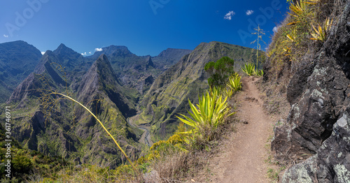 Hiking trail along the crater Cirque de Mafate near Cape Noir (La Reunion)