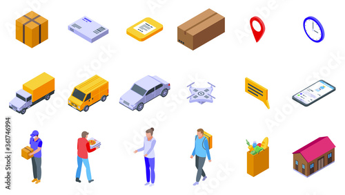 Home delivery icons set. Isometric set of home delivery vector icons for web design isolated on white background