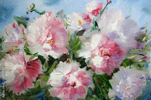 Fototapeta Naklejka Na Ścianę i Meble -  Bouquet of flowers. Oil painting light pink peonies close-up. Hand oil painting on canvas
