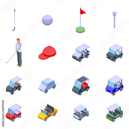 Golf cart icons set. Isometric set of golf cart vector icons for web design isolated on white background