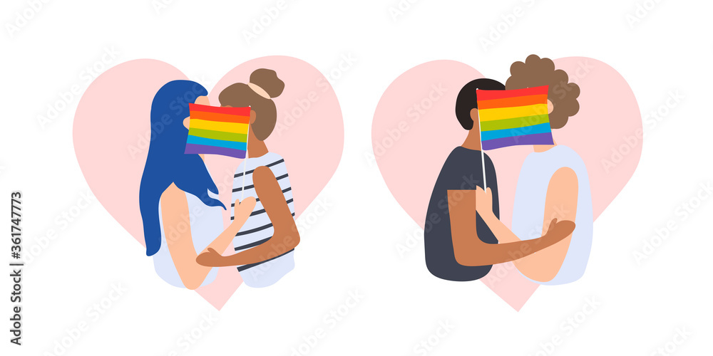 Two boys and Two girls kiss for an LGBT flag on pink heart . Homosexual people.  Lesbians. Vector illustration isolated on white background.	