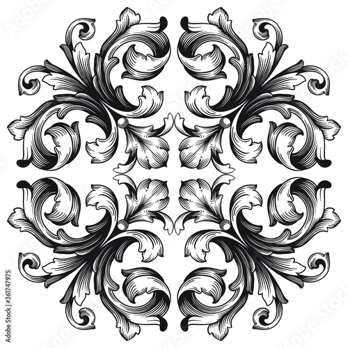 Vintage Ornament Element in baroque style with filigree and floral engrave the best situated for create frame, border, banner. It's hand drawn foliage swirl like victorian or damask design arabesque.