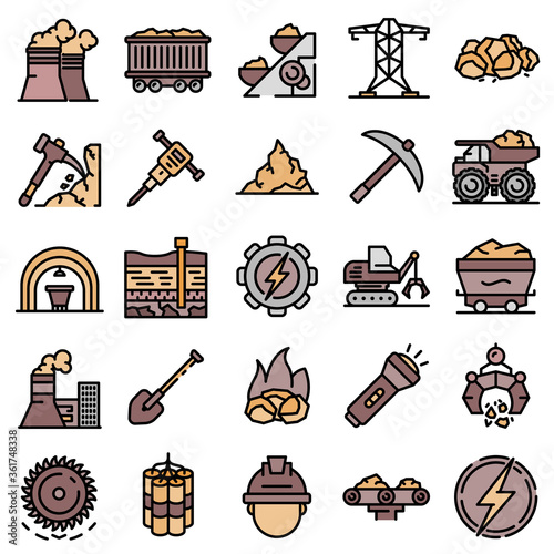 Coal industry icons set. Outline set of coal industry vector icons thin line color flat on white photo