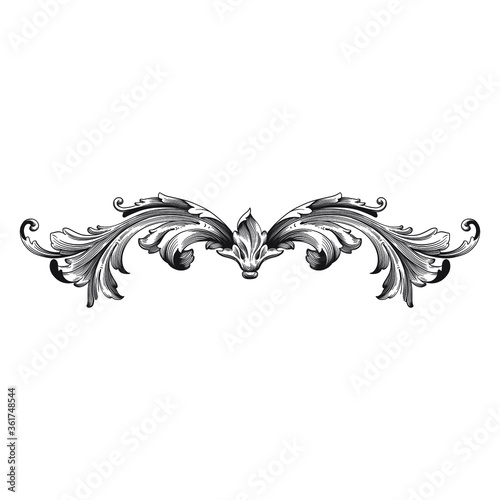 Vintage Ornament Element in baroque style with filigree and floral engrave the best situated for create frame, border, banner. It's hand drawn foliage swirl like victorian or damask design arabesque.