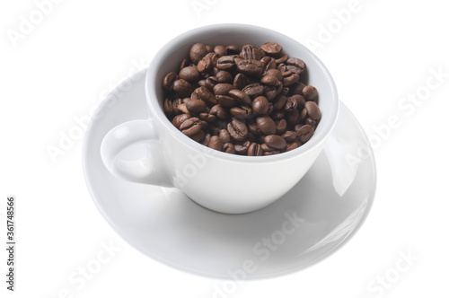 White Cup full of coffee beans isolated on white background. Close up of a brown beans of aroma black caffeine drink ingredient for coffee beverage.