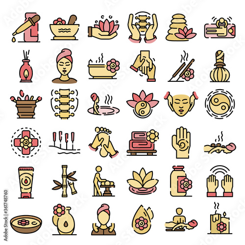 Massage icons set. Outline set of massage vector icons thin line color flat on white