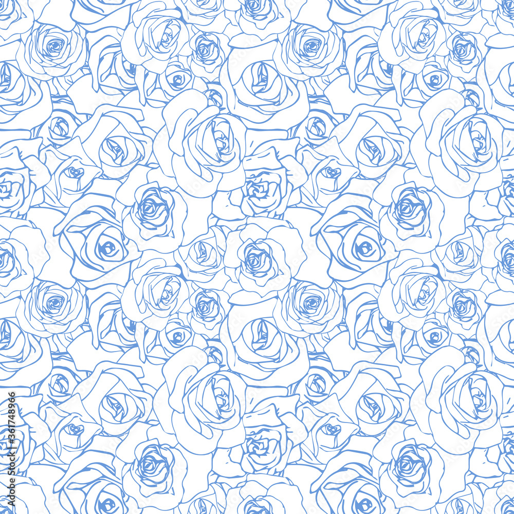 Gentle blue rosebuds on white background, seamless pattern