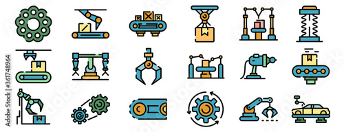 Assembly line icons set. Outline set of assembly line vector icons thin line color flat on white