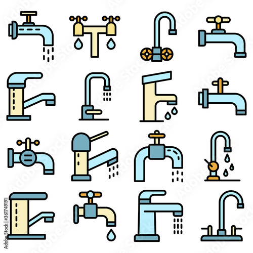 Faucet icons set. Outline set of faucet vector icons thin line color flat on white