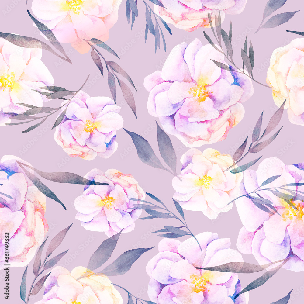 Seamless watercolor pattern. Leaves, flowers, peonies on a light purple background