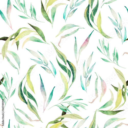 Seamless watercolor pattern. Light green leaves and twigs on a white background