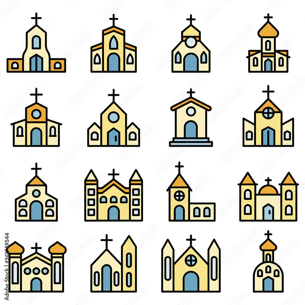 Church icons set. Outline set of church vector icons thin line color flat on white