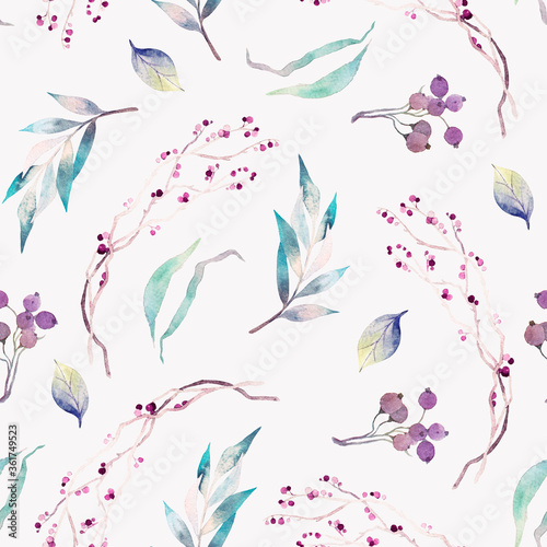 Seamless watercolor pattern. Pink and purple berries with sprigs and leaves on a light background