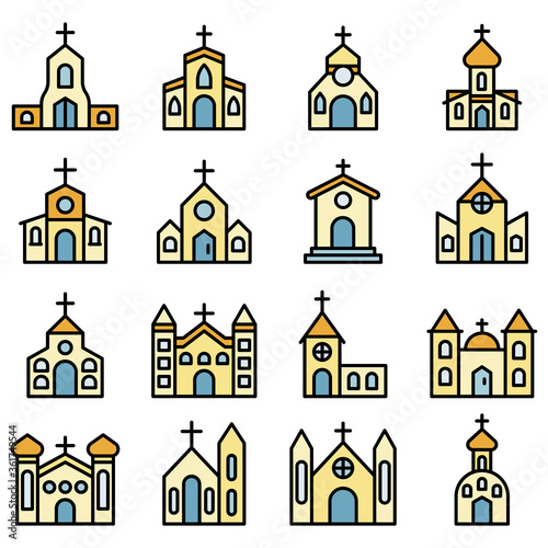 Church icons set. Outline set of church vector icons thin line color flat on white