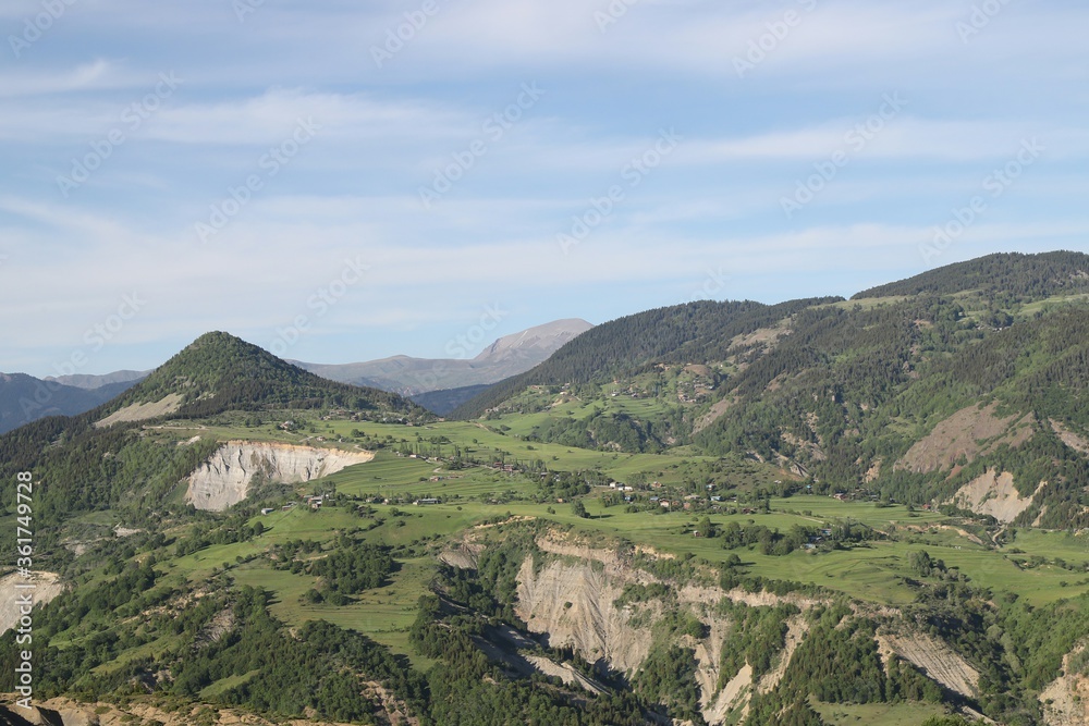 Mountain green hill valley village view. Mountain village landscape. Savsat/Artvin/Turkey