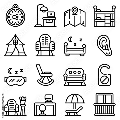 Quiet spaces icons set. Outline set of quiet spaces vector icons for web design isolated on white background