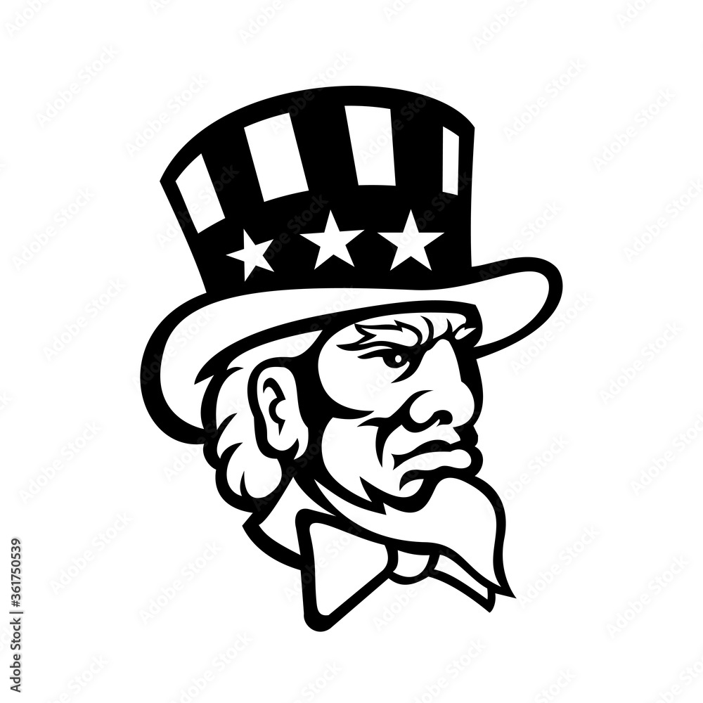 Head of American Symbol Uncle Sam Mascot Black and White Head of American Symbol Uncle Sam Mascot Black and White