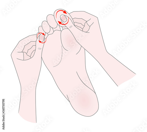 Foot massage. Bunion.  Hallux valgus or bunion formation of the foot. Female hands massage the foot. Kneading and prevention of diseases of the bones of the thumb. Vector illustration