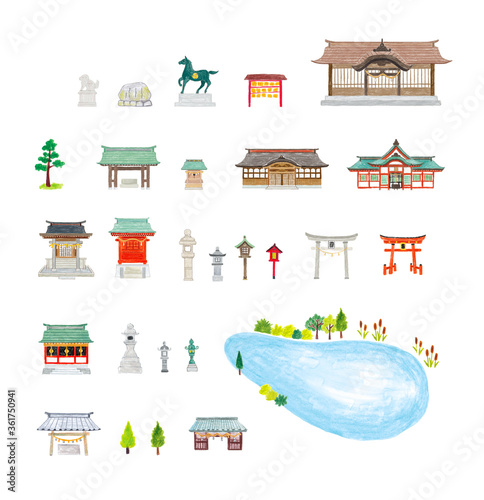 神社や寺のイラストセット01
