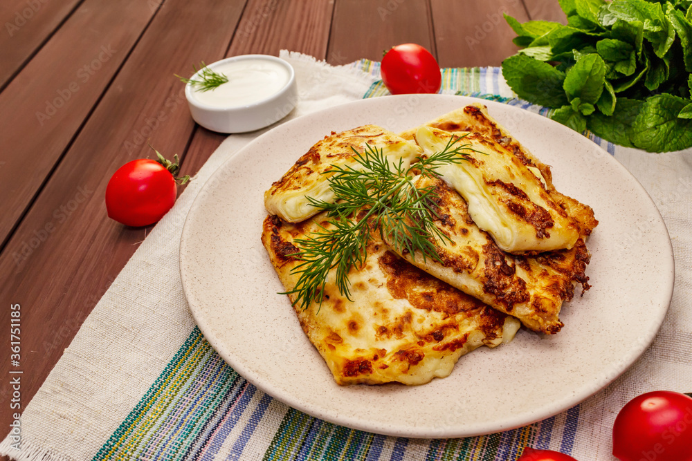 Hot appetizer - pita bread with cheese and herbs. Vegetarian healthy food Hot appetizer - pita bread with cheese and herbs. Vegetarian healthy food