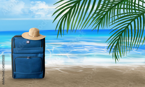 Blue suitcase and summer wicker hat. Palm branches. Summer background for travel. © MiaStendal