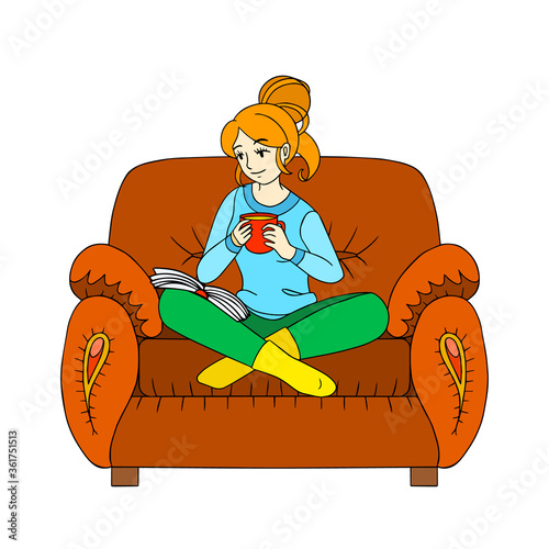 Girl reads a book at home. Stay at home. Positive recommendation during the epidemic. Colorful hugge concept. Vector isolated art. Cartoon flat illustration.