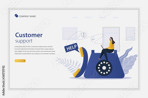 Illustration vector customer support concept with women play laptop. Illustration of support, help. Support or call center 24/7 concept. Suitable for landing page, web, flyer, and banner.
