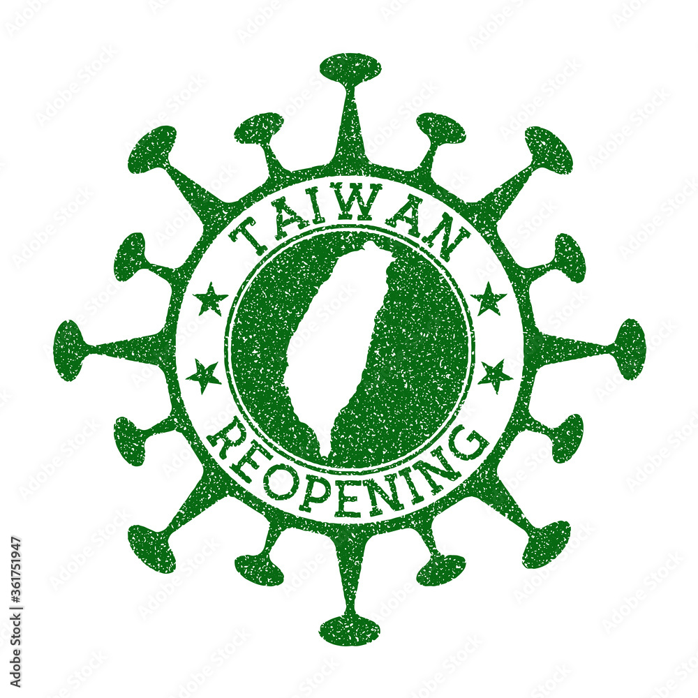 Taiwan Reopening Stamp. Green round badge of country with map of Taiwan. Country opening after lockdown. Vector illustration.