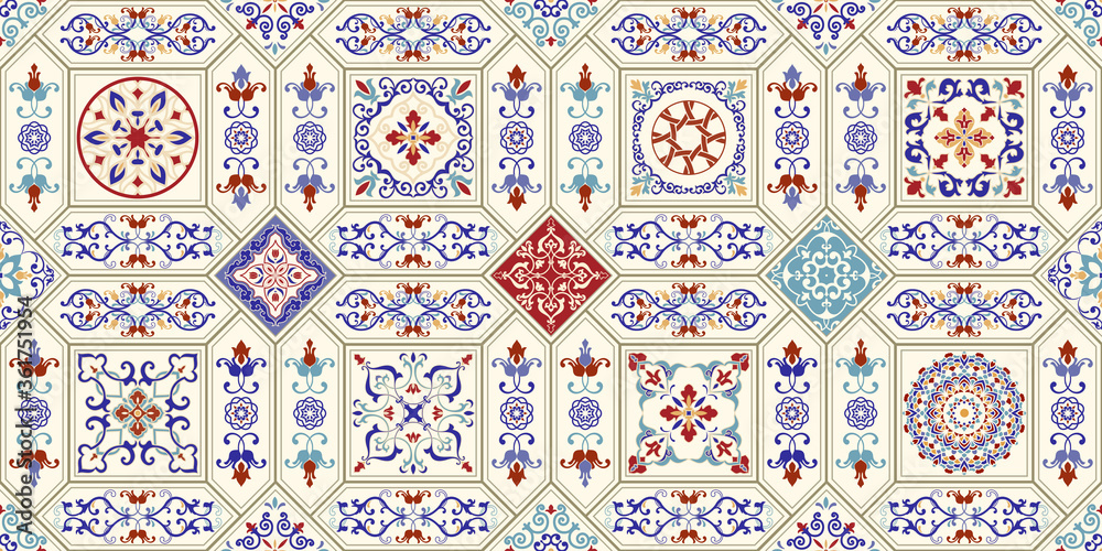Seamless  tile with colorful patchwork. Vintage multicolor pattern in turkish style. Mosaic pattern can be used for ceramic tile, wallpaper, linoleum, textile, web page background. Vector