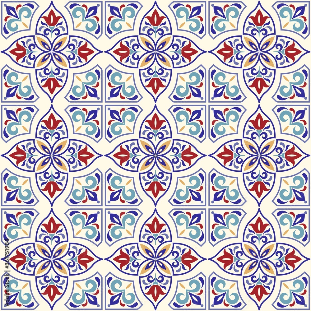 Seamless colorful pattern in turkish style. Vintage decorative elements. Hand drawn background. Islam, Arabic, Indian, ottoman motifs. Perfect for printing on fabric, ceramic tile or paper. Vector.