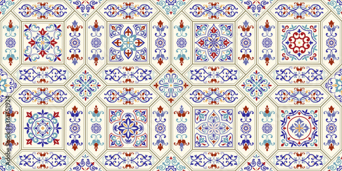 Seamless  tile with colorful patchwork. Vintage multicolor pattern in turkish style. Mosaic pattern can be used for ceramic tile, wallpaper, linoleum, textile, web page background. Vector