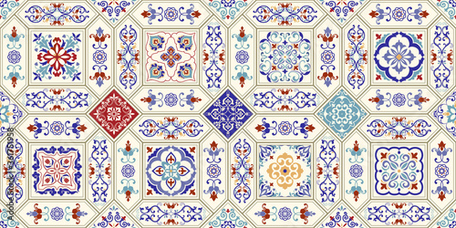 Seamless tile with colorful patchwork. Vintage multicolor pattern in turkish style. Mosaic pattern can be used for ceramic tile, wallpaper, linoleum, textile, web page background. Vector