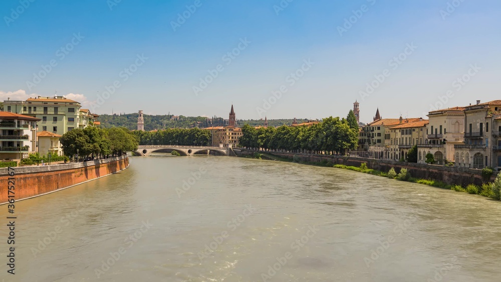 View of the Adige river and Ponte della Vittoria (Bridge of Victory). Verona Italy