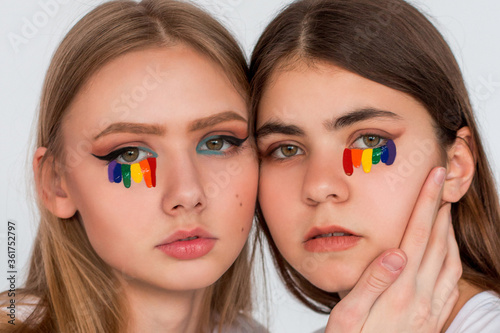 Crying eyes with rainbow tears. Concept of sadness and pain for the homosexual discrimination. Flag symbol of pride and freedom LGBT.