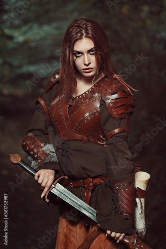 Fototapeta Beautiful female warrior with leather armor