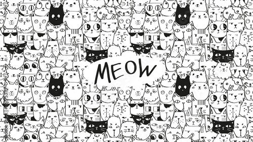 Doodle hand drawn cats seamless vector pattern.