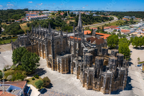 Aerial drone view of Batalha Monastery in Portugal. Dominican convent with manueline style.