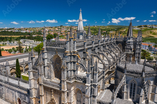 Batalha, Portugal - June, 29, 2020: Aerial Drone View of Batalha Monastery. Dominican convent with manueline style architecture. photo