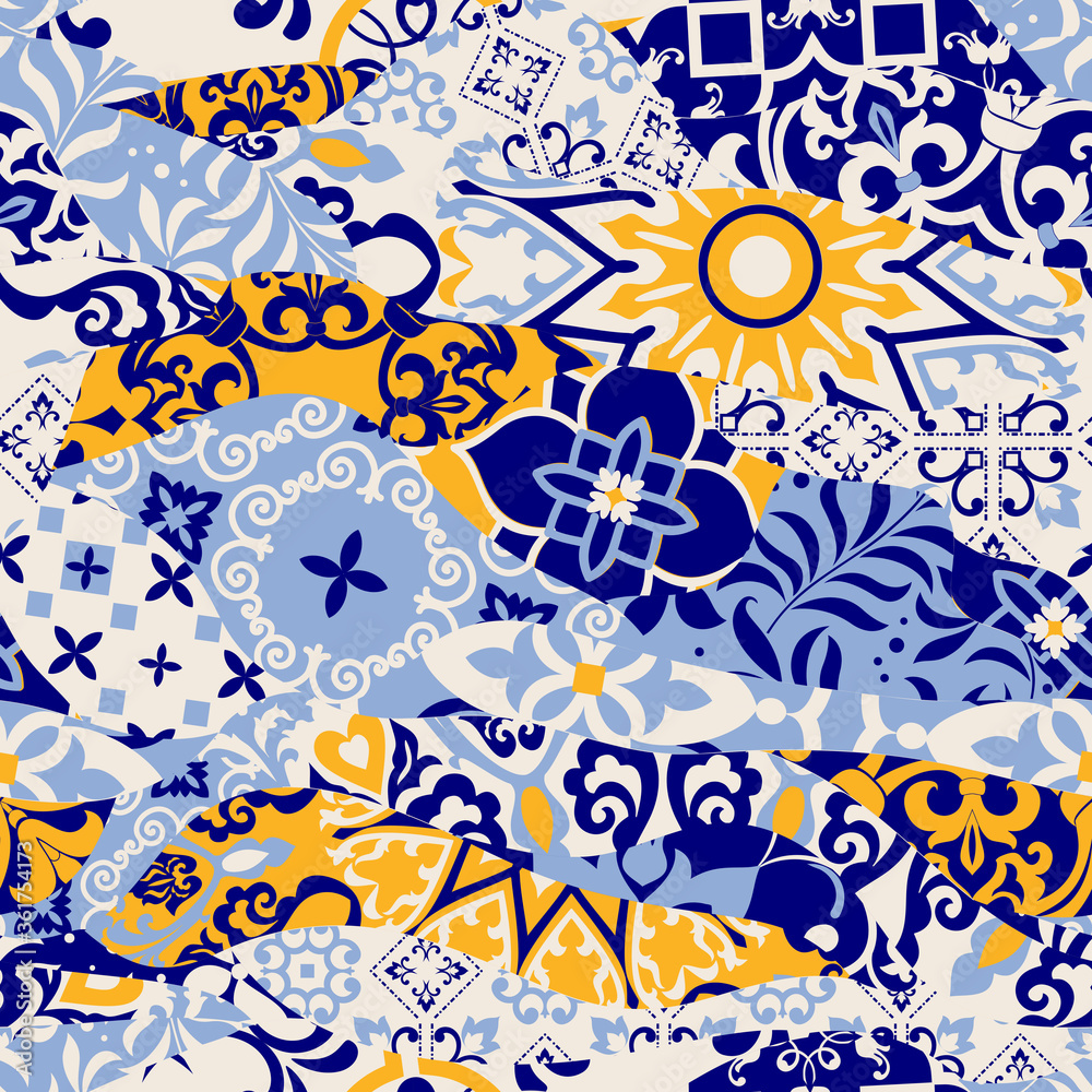 Obraz premium Azulejos tiles patchwork. Hand drawn seamless abstract pattern. Islam, Arabic, Indian, Ottoman motifs. Majolica pottery tile, blue, yellow azulejo. Original traditional Portuguese and Spain decor