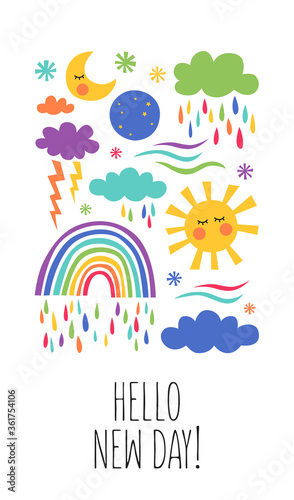 New day greetings card with the symbols of the weather forecast