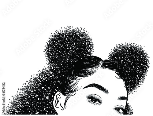 Curly beauty girl illustration isolated on clear background. Double buns with long hair. Hand draw idea for business cards, templates, web, brochure, posters, postcards, salon